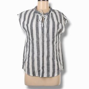 Lord & Taylor Short Sleeve Linen Blouse Size MP Black White Striped Tie Front